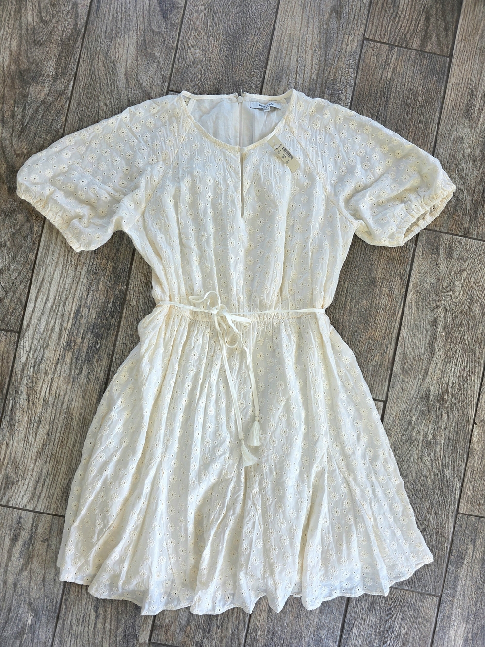 NWT Madewell Cream Eyelet Lace Tassel Tie-Waist Mini Dress Sz 0 Xs